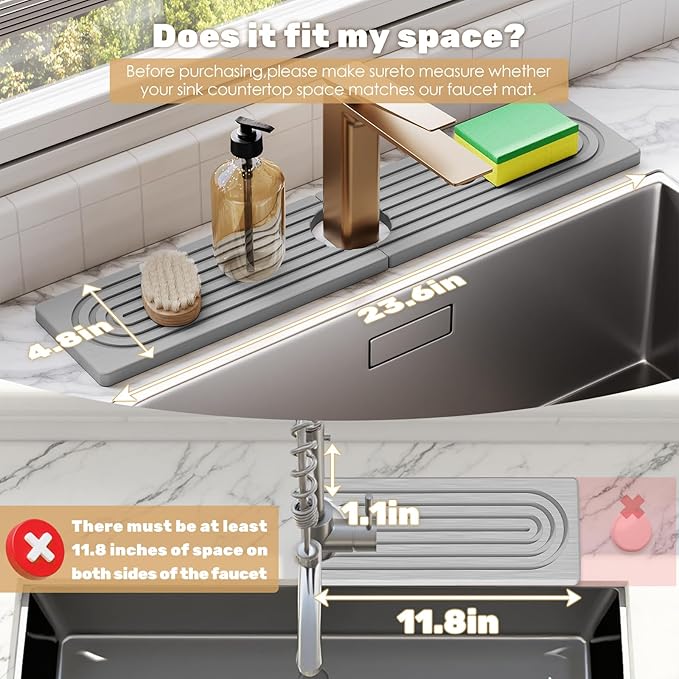 23.6''x4.8''Stone Faucet Mat for Kitchen Sink,Diatomite Quick Dry Kitchen Sink Splash Guard,Drying Stone Sink Tray,Super Absorbent,Sink Stone Quick Dry Around Faucet For Bathroom Counter-Light Grey