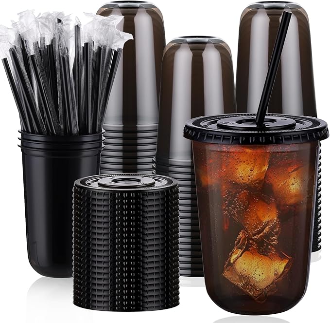 tchrules 100 Set 16oz Plastic Cups with Lids and Straws, Disposable Black Clear Iced Coffee Cup with Lid, Round Bottom Plastic To Go Cups for Cold Drinks Slushie Smoothie Soda Bar Party Shop Supplies