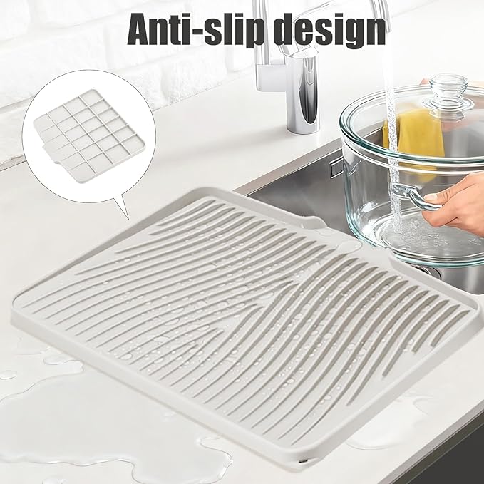 Silicone Dish Drying Mat for Kitchen Counter, Dish Drying Pad, Non-Slip Drain Pad with Built-in Drain, Heat Resistant Stone Drying Mat(16" x 12", Cream)