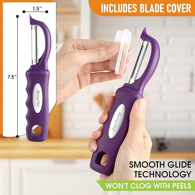 Spring Chef Professional Purple Swivel Potato Peelers for Kitchen, Stainless Steel Veggie Peeler with Soft Grip Handle, Dishwasher Safe, Grate for Peeling Apple, Fruit, Carrot, Cucumber, Purple
