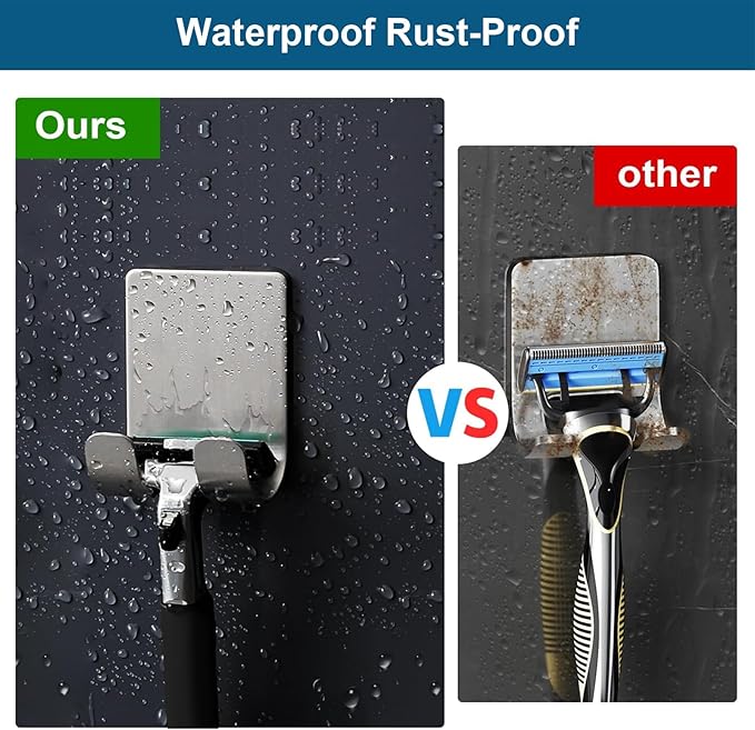 Diesisa Razor Holder for Shower + Adhesive Wall Hooks, Premium 304 Stainless Steel Shower Razor Holder with Heavy Duty Waterproof Sticky Hooks for Hanging Towels, Coat, hat (4+4 Pack) - Black