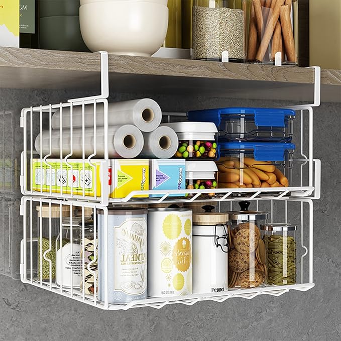 Hanging Under Shelf Storage Basket, 2 Pack Foldable Under Cabinet Metal Desk Storage Wire Rack Organizer for Kitchen Pantry Bookshelf Office Home, Easy to Install Slide-in Under Shelves (White)