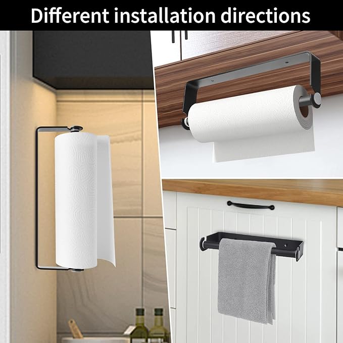 Under Cabinet Paper Towel Holder, Adhesive or Drill Mount Paper Towel Holder, Wall Mount Paper Towel Holders for Kitchen or Bathroom (Black)