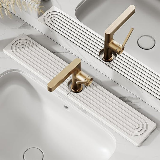 Stone Faucet Mat for Kitchen Sink, Diatomite Drying Stone Tray & Sink Protector, Water-Absorbing Splash Guard, Prevent Moisture on Kitchen & Bathroom Counter (White,23.6" x 3.9")