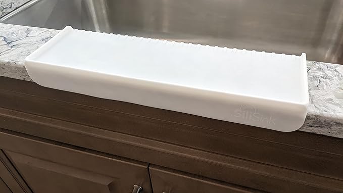 SiliSink Silicone Sink Edge Guard for Kitchen Sink - Fits 3.75” - 4” Wide - The Original Silicone Edge Protector with Sponge Caddy, 14” White