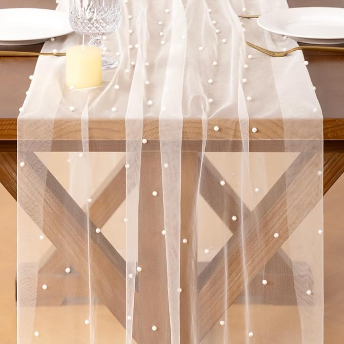 Socomi Pearl Table Runner Tulle Ivory White Summer Cheesecloth 10FT Gauze Cheese Cloth Sheer Chiffon Dining Wedding Birthday Party Baby Shower Bridal Anniversary Holiday Centerpiece Table Decor