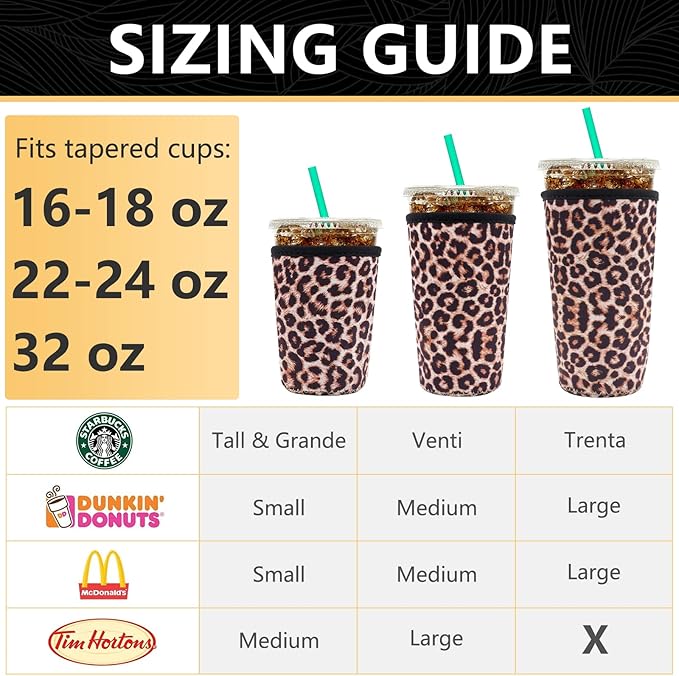 YR Reusable Neoprene Insulator Sleeve for Iced Coffee Cups, 3 Pack Coffee Coolies sleeves for Iced & Hot Drinks, Cold Beverage Cooler Compatible with Starbucks Coffee and More (Leopard)