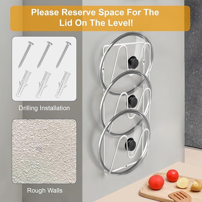 2 Pack Pot-Lid-Organizer, 6-Tier Pots and Pans Lid-Organizer for Cabinet Door/Wall, No Drilling Adhesive Wall/Door Mounted Rustproof Pot-Lid-Holder for Kitchen Organization - White