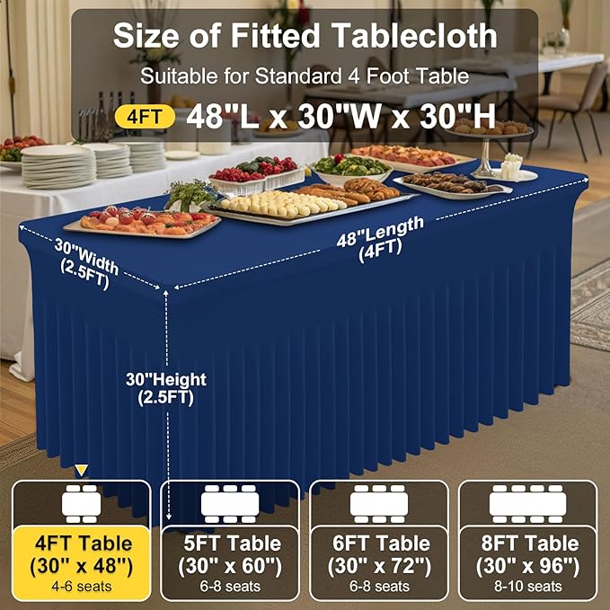 Smiry Spandex Tablecloth, Elastic Fitted Stretch Tablecloth for 4FT Rectangle Tables, Waterproof Washable Table Cover Skirt for Outdoor, Wedding, Banquet & Parties (Navy, 48Lx30Wx30H Inch)