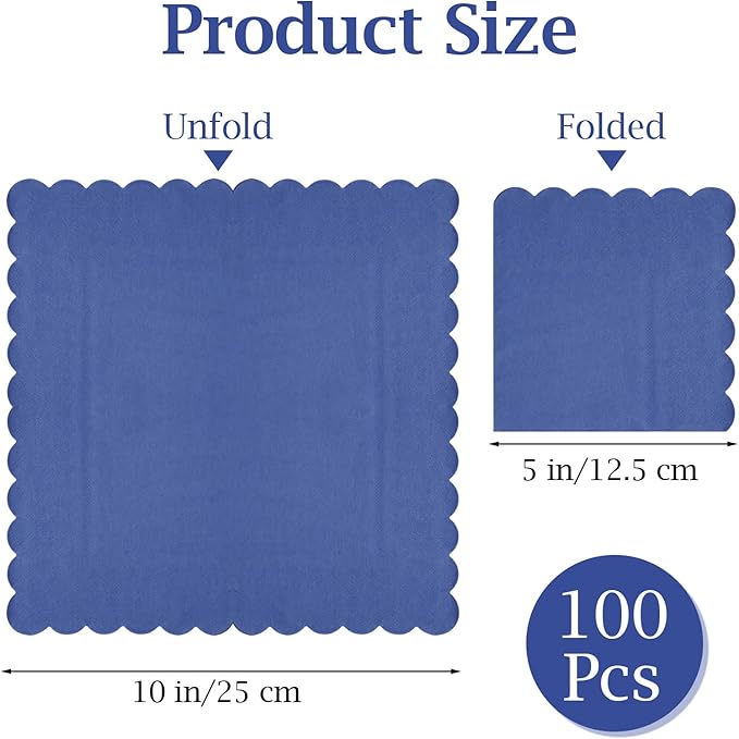100 Pcs Cocktail Napkins, 2-Ply 5 x 5 Inches Disposable Scalloped Napkins, Thick Premium Dessert Napkins for Party, Wedding, Dinner, Birthday, Anniversary, Festival (Navy Blue)