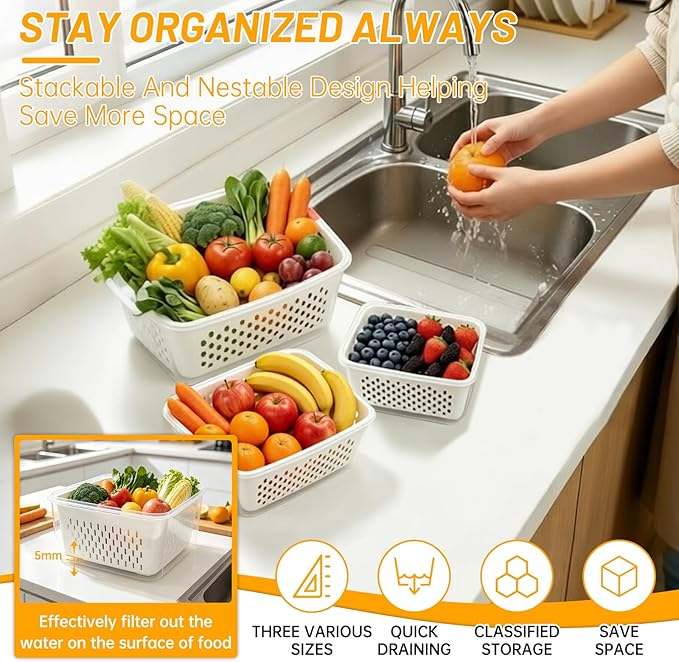 3 Pack Fruit Storage Containers for Fridge with Removable Colander, Airtight Produce Storage Containers for Fridge, 4-in-1 Fruit and Vegetable Storage, Berry Keeper, Stackable Veggie Containers