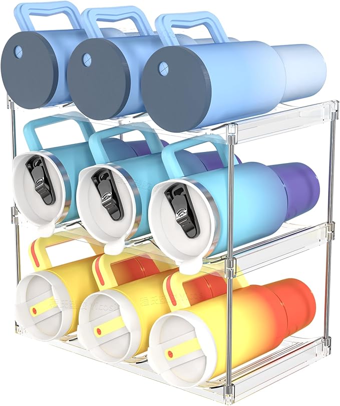Yieach 3 Tier Stackable Water Bottle Holder for Cabinet and Pantry- Large Compartment Water Bottle Organizer Rack for Wine Bottle and 40 oz Stanley Cup,Yeti and Tumbler Waterbottle Organizer Storage