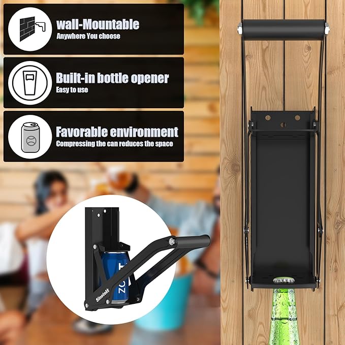 16 oz Can Crusher Wall Mounted | Heavy-Duty Thickened Steel | with Built-in Bottle Opener & Non-Slip Handle | Flattened Aluminum Can in Seconds | Space-Saving Recycling Tool for Home & Garage