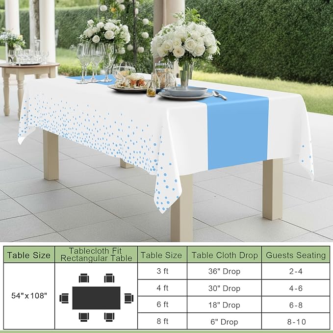 Smiry Plastic Table Cloth Disposable 3 Pack, 54 x 108 Inch Rectangle Waterproof Tablecloth, Printed Gold Table Runner Style for Birthday Weeding, Party, Leakproof & Sturdy, White and Baby Blue