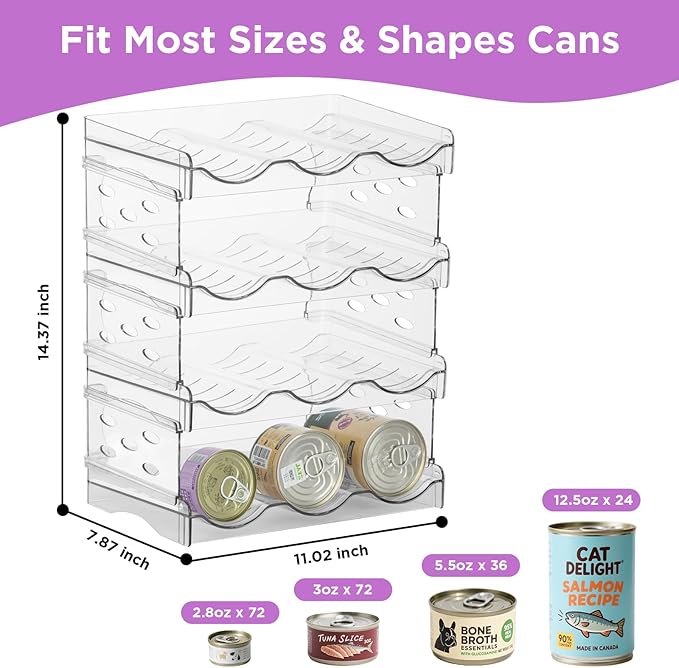 Large Cat Food Can Organizer – 4-Tier Holds 72 Cans (3oz–12.5oz), Clear Acrylic Mold-Proof Stackable Storage, Canned Food Pantry Organizer for Multi-Cat Households, Kitchen & Countertop (4 Layers)