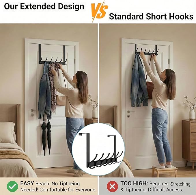 2 Pack Large Over The Door Hooks, Sturdy Door Hanger with 12 Hooks, Door Towel Rack for Bathroom, Bedroom, Kitchen, Coat Rack for Hanging, Easy to Install (Black)