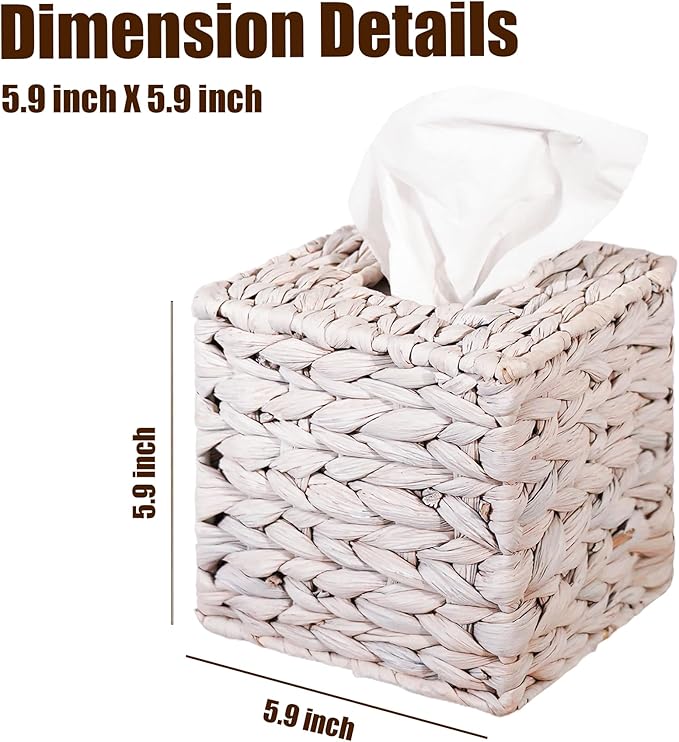 Water Hyacinth Handwoven Tissue Box Cover, Natural Handmade Wicker Napkin Box Holder, Handcrafted Square Facial Tissue, Rustic Decorative on Table and Bathroom, Office, Boho Decorative, Whitewash
