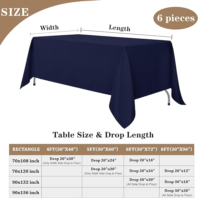 Fitable Navy Tablecloths for 6-8 Foot Tables, 6 Pack - 70 x 120 Inches - Reusable and Washable Table Clothes, Polyester Fabric Table Covers for Wedding, Party, Banquet