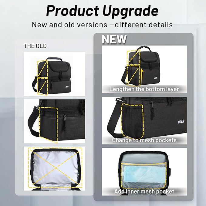 MIER Insulated Lunch Box Dual Compartment Lunch Bag Leakproof Cooler for Men Women Adult Work, Dark Grey, Medium (Upgraded Extra-Tall Bottom Layer)