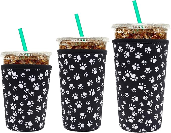 YR Reusable Neoprene Insulator Sleeve for Iced Coffee Cups, 3 Pack Coffee Coolies sleeves for Iced & Hot Drinks, Cold Beverage Cooler Compatible with Starbucks Coffee and More (Paw)