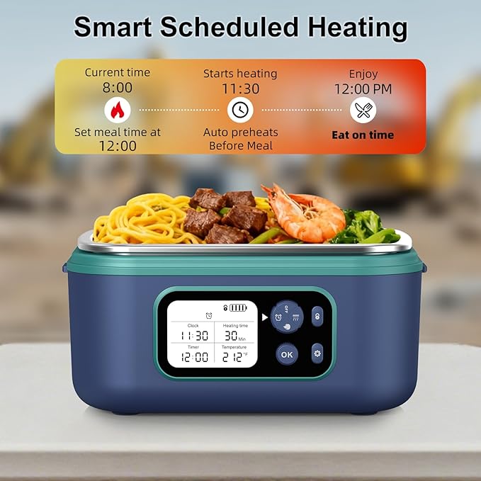 Cordless Electric Heated Lunch Box, XL 6.3Cups Rechargeable Food Warmer Lunch Box with Self Heating, Smart Timer, Adjustable Temperature, Leakproof, BPA Free, Removable Divider Blue
