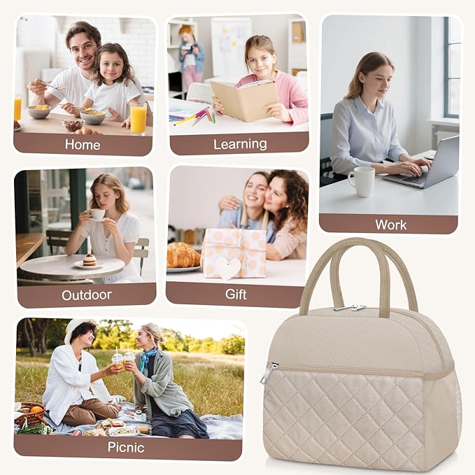 KUBYA Lunch Box for Women Adult Men Insulated Cute Quilted Lunch Bag Women Reusable Large Lunch Tote Bag Leakproof Simple Cooler Bag for Work Office Picnic Beach or Travel