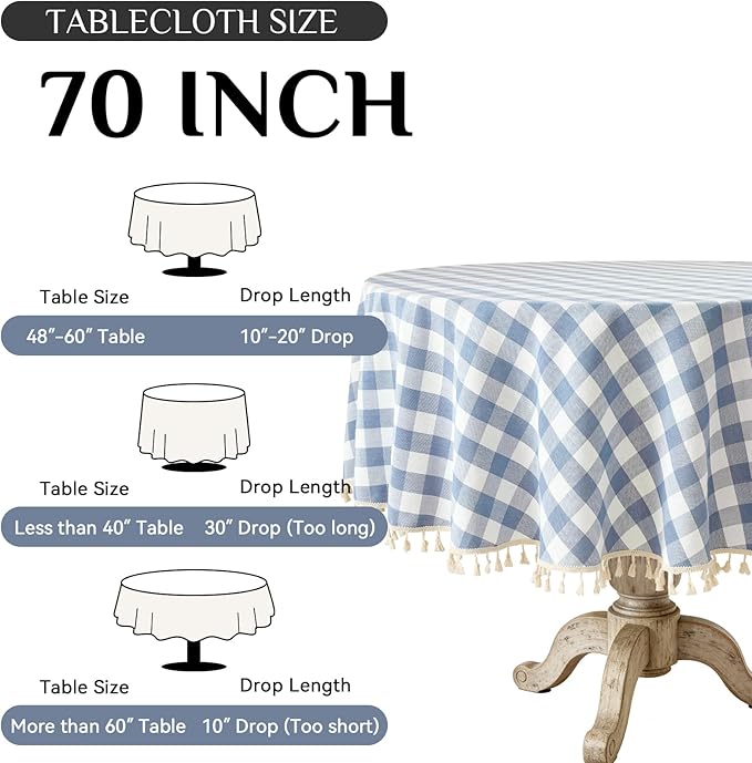 Softalker Checkered Tablecloth 70 x 70 Inch Round, Outdoor Linen Cotton Gingham Table Cloth with Tassel, Heavy Duty Wrinkle Free Buffalo Plaid Table Cover for Kitchen Dining Summer Party - Blue