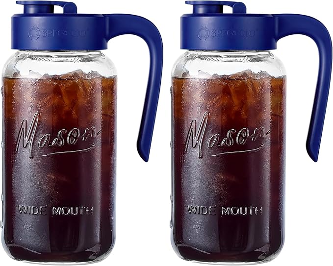 Mason Jar Pitcher - Airtight & Leakproof Glass Pitcher with Lid, Perfect for Breastmilk, Cold Brew, and Sun Tea, 2 Quart (64 oz) Mason Jar with Pour Spout Lid
