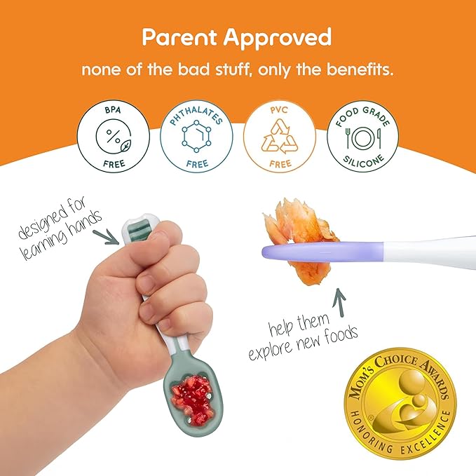 NumNum Baby Spoons Set, Baby Essentials Pre-Spoon GOOtensils for 6+ Months, First Stage Self-Feeding Spoons for Baby Led Weaning (BLW), Silicone Toddler Utensils, BPA-Free, 2 Pack Frosty Lilac/Rosebud