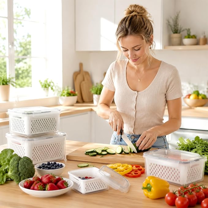 5 PCS Fruit Storage Containers for Fridge Produce Containers for Fridge with Removable Colander Berry Storage Containers Veggie BPA-Free Plastic Crisper for Long-Term Freshness