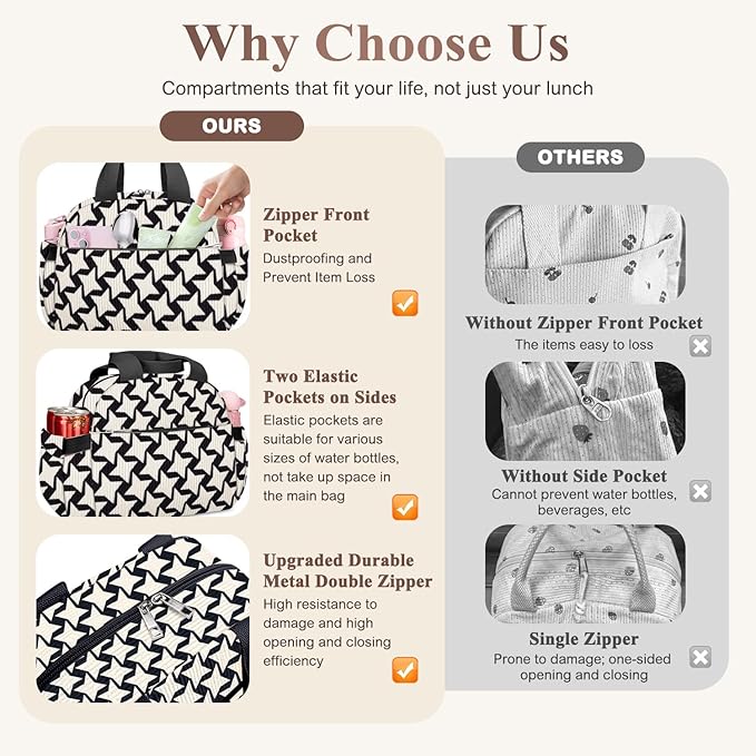 KUBYA Lunch Bag Lunch Box for Women, Cute Corduroy Insulated Reusable Work Leakproof Simple Adults Large Lunch Boxes Tote Bag Men Cooler Bag