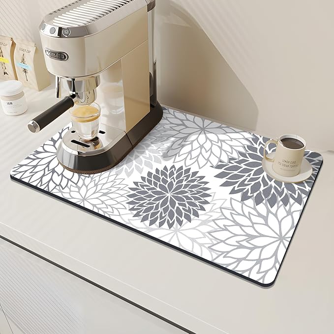 Findosom 2PCS 16" x 24" Dish Drying Mat & 24" x 5.5" Sink Splash Guard, Super Absorbent & Cuttable Dish Mat Drying Kitchen Mat with Gray Floral, Hide Stain Drying Mat for Kitchen Counter