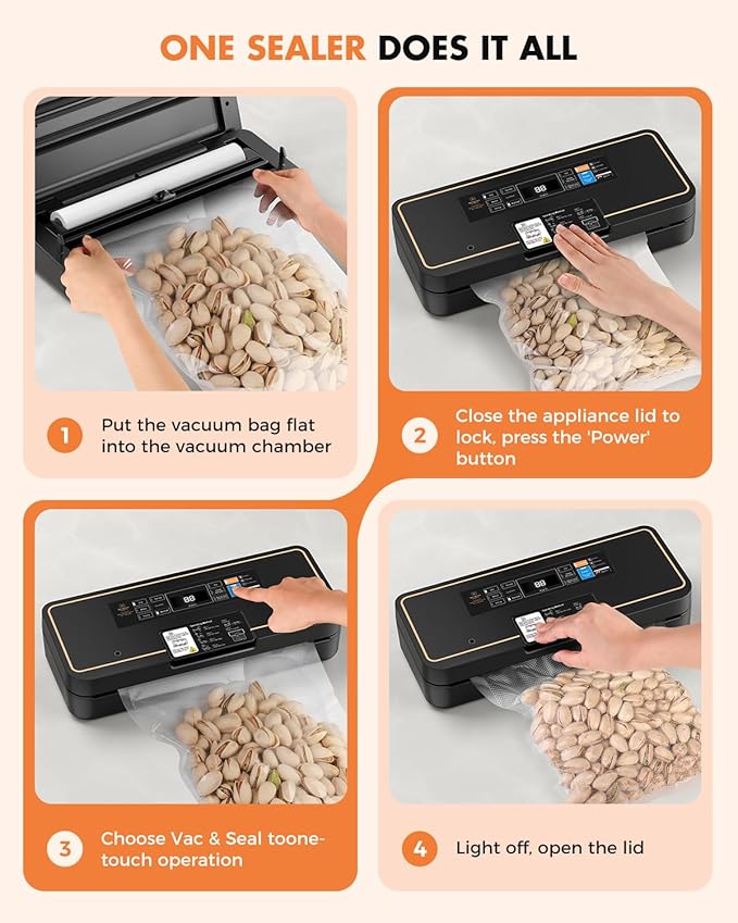 Vacuum Sealer for Food, 95kPa Food Saver Machine, 135W Fast-Sealing with Easy Tear Cutter, Built-in Bag Storage, 9-in-1 Compact with 10 ft Bag Roll