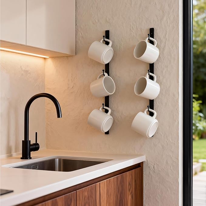 Yohsnor Coffee Mug Rack Set of 2 - Stylish Black Iron Coffee Cup Holder with 6 Hooks, Mounted Shelf for Kitchen & Office, Space-Saving, Easy to Install, Durable & Sturdy Hanger Racks