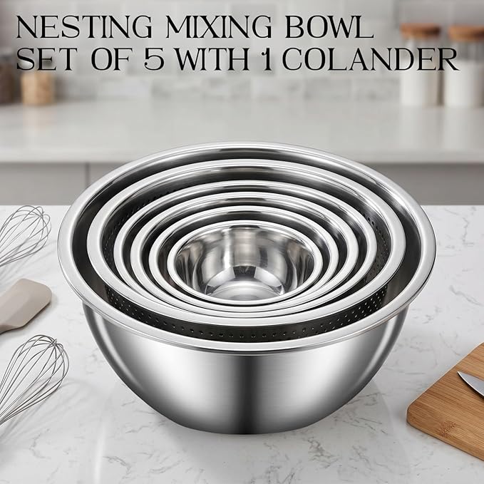 DUTZUN Heavy-Duty Stainless Steel Mixing Bowls Set of 5 plus 3QT Colander, Nesting Kitchen Metal Bowl for Baking Prep Salads Serving Cooking, Dishwasher Safe — 4.0 to 0.8 QT