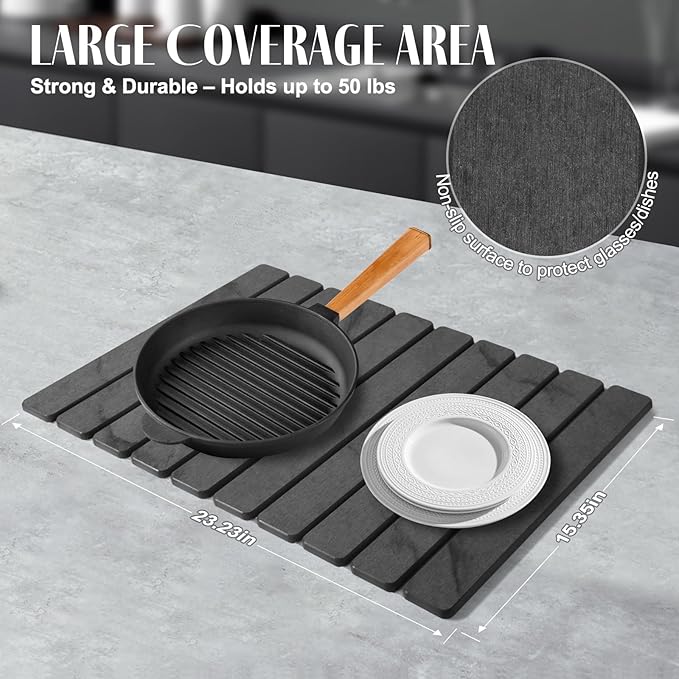 2 PCS Large Stone Dish Drying Mat for Kitchen Counter, 24"×16" Marble Dish Drying Mat with 8"x 4" Coasters, Non - Slip Collapsible Absorbent Mat for Multi - Purpose, Match Any Countertop - Grey