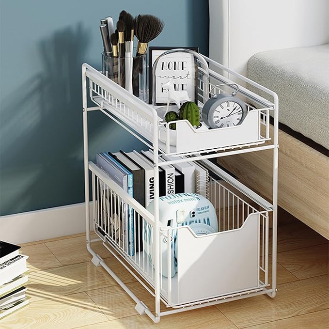 IDEALHOUSE 2-Tier Pull Out Cabinet Organizer, Heavy Duty Slide Out Pantry Shelves Drawer Storage Fixed with Adhesive Film, Sliding Mesh Cabinet Basket for Kitchen Bathroom Home, White