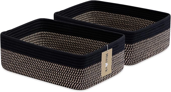 MiniArk Large Shallow Organizing Baskets 15x11x5.1 Inches - Rope Woven Storage Bins for Bathroom, Shelves, Cube Closet, Black Woven Brown 2 Packs