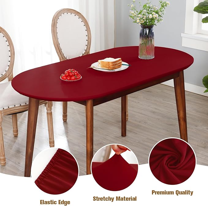 NEWISHER Fitted Oval Tablecloth 42 x 60 Inch Elastic Table Cloth, Stretch Spandex Table Cover Burgundy Washable Polyester Top Cap Cover for Dining Picnic Camping Indoor and Outdoor