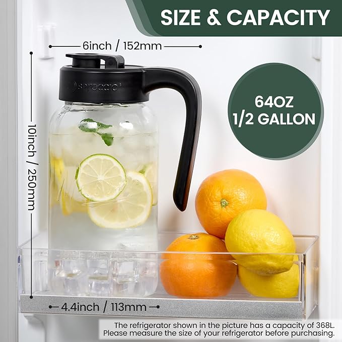 Mason Jar Pitcher - Airtight & Leakproof Glass Pitcher with Lid, Perfect for Breastmilk, Cold Brew, and Sun Tea, 2 Quart (64 oz) Mason Jar with Pour Spout Lid