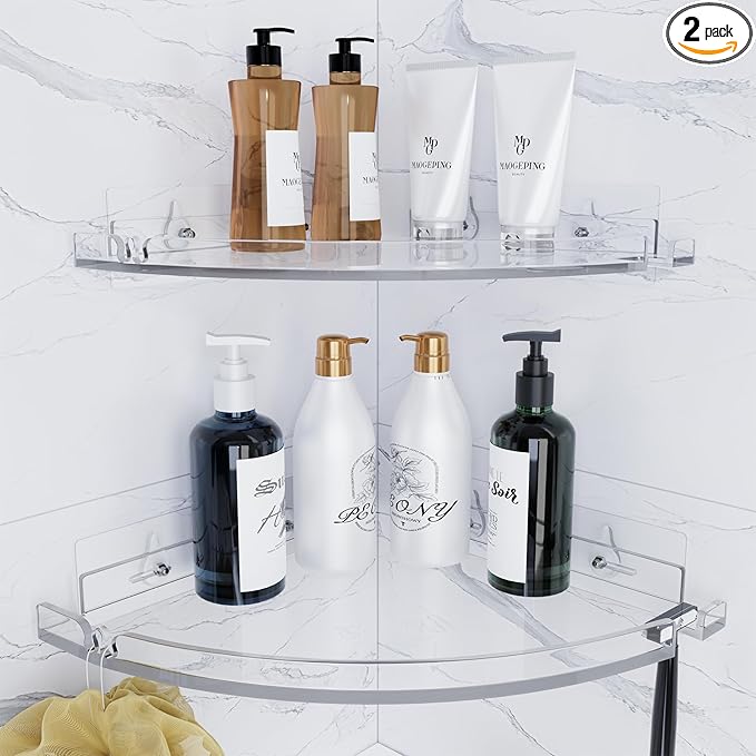 Acrylic Corner Shower Shelves, Adhesive Shower Caddy Organizer for Bathroom Storage Home Decor, Clear Rustproof No Drilling Wall Shelf, 2-Pack