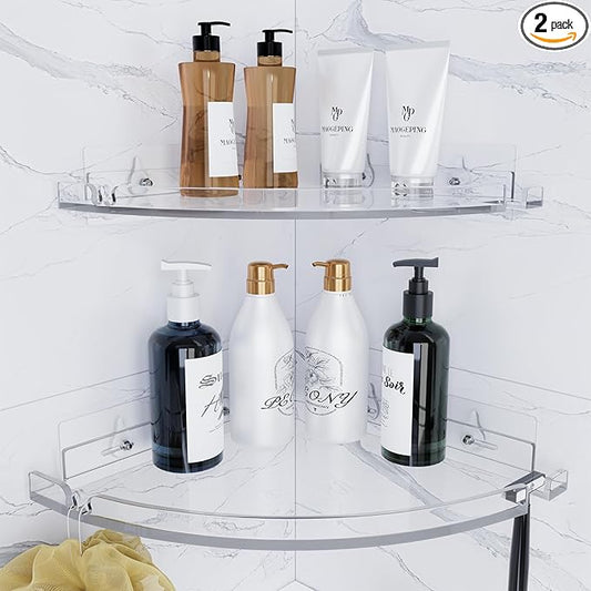 Acrylic Corner Shower Shelves, Adhesive Shower Caddy Organizer for Bathroom Storage Home Decor, Clear Rustproof No Drilling Wall Shelf, 2-Pack