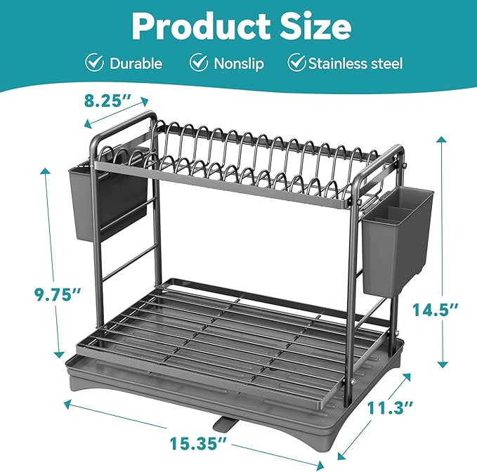 Simple Trending Dish Drying Rack, 2-Tier Dish Rack for Kitchen Counter, Large Dish Drainers Sink Organizers and Storage, Silver