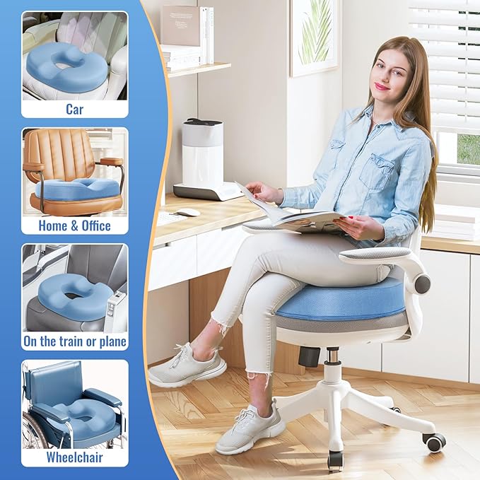 CloudBliss Donut Pillow Seat Cushion Chair Pad for Tailbone Pain Relief and Hemorrhoids, Memory Foam Cushion for Men and Women for Home & Office, Light Blue