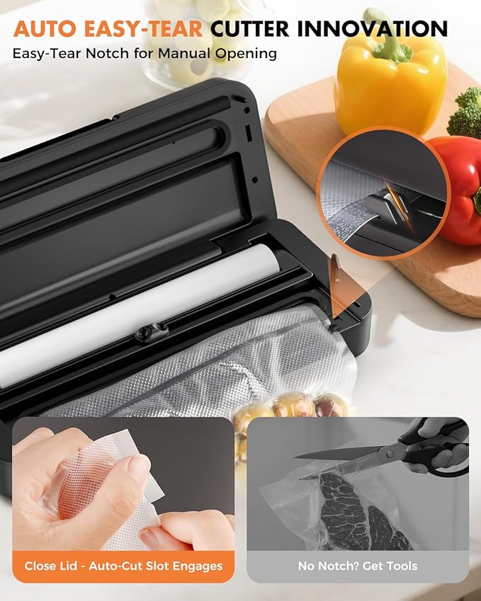 Vacuum Sealer for Food, 95kPa Food Saver Machine, 135W Fast-Sealing with Easy Tear Cutter, Built-in Bag Storage, 9-in-1 Compact with 10 ft Bag Roll