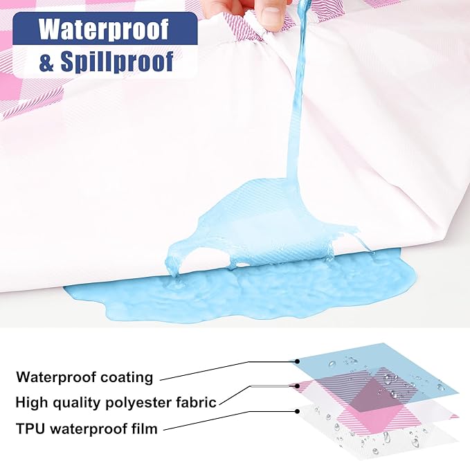 Smiry Picnic Table Cloth 2 Pack, Waterproof Elastic Fitted Tablecloths for 8FT Rectangle Tables, Washable Polyester Buffalo Plaid Tablecloth for Camping, Dining & Outdoor (Pink & White, 30" x 96")