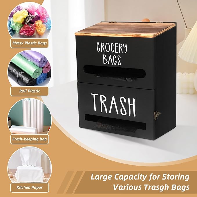 2 in 1 Trash Bag Dispenser, Double Wall Mounted,Wood Trash Bag Holder, used in kitchen, garage, laundry room, can store Environmentally friendly food bags and garbage bags (Black)