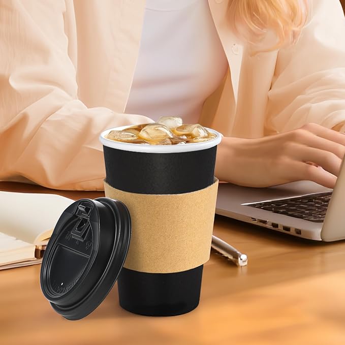 Lamosi 500 Pack 16 oz Disposable Coffee Cups with Lids and Sleeves, Black Leak-Proof To Go Coffee Cups with Lids, Hot/Cold Beverage Black Drinking Cup for Home, Office, Parties, Travel
