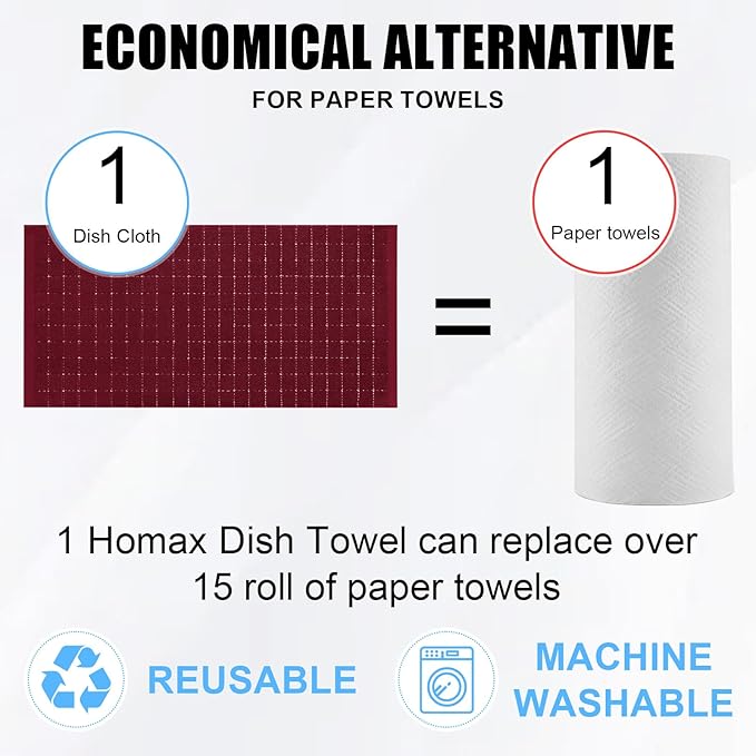 Homaxy 100% Cotton Terry Kitchen Towels(Burgundy Red, 13 x 28 inches), Checkered Designed, Soft and Super Absorbent Dish Towels, 4 Pack