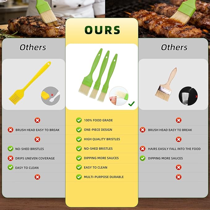 3 Pcs Pastry Brush Set, 1/1/2 inch Bristle Basting Brushes for Cooking, Heat Resistant, Kitchen Brush for Oil, BBQ Grill, Butter Sauce, Baking, with Hang Hole Design Green